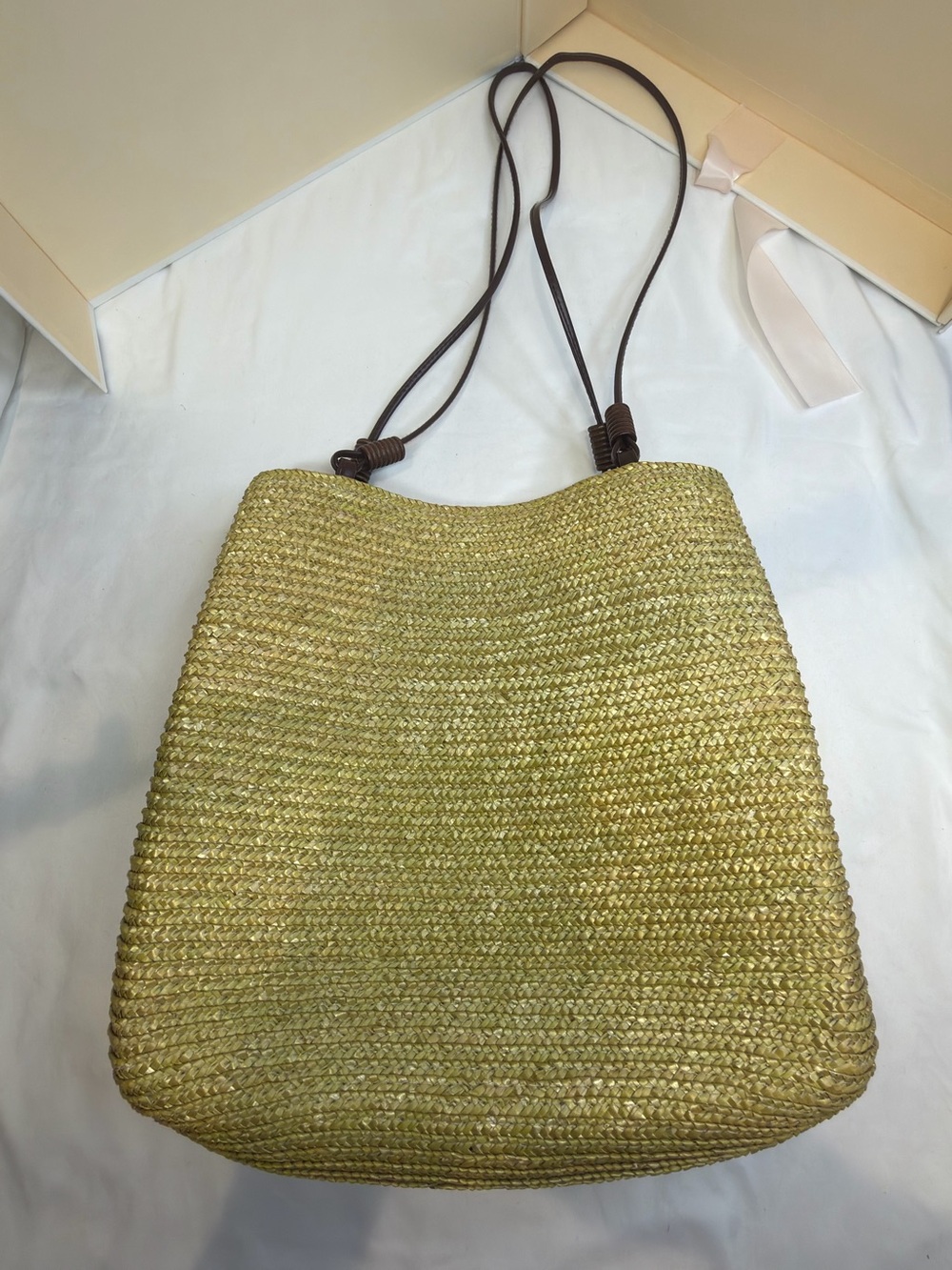 Woven Straw Tote Bag with Brown Leather Strap - Natural Beige